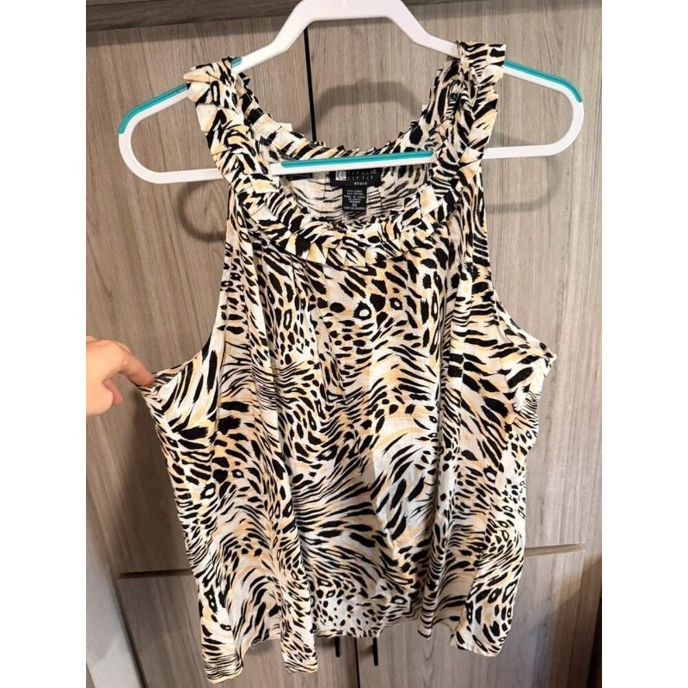 Carole Little Sz 3X Sleeveless Tank Top Cheetah Linen Blend Ruffled neckline